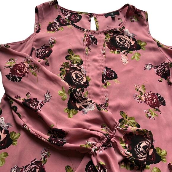 MM beautiful cold shoulder blouse scoop neck bell sleeves pink floral Large - Picture 10 of 10